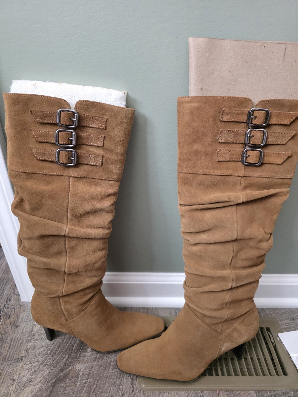 White Mt. Women's Tall Boots with Triple Buckle Detail- Tan - Made In Brazil- 7